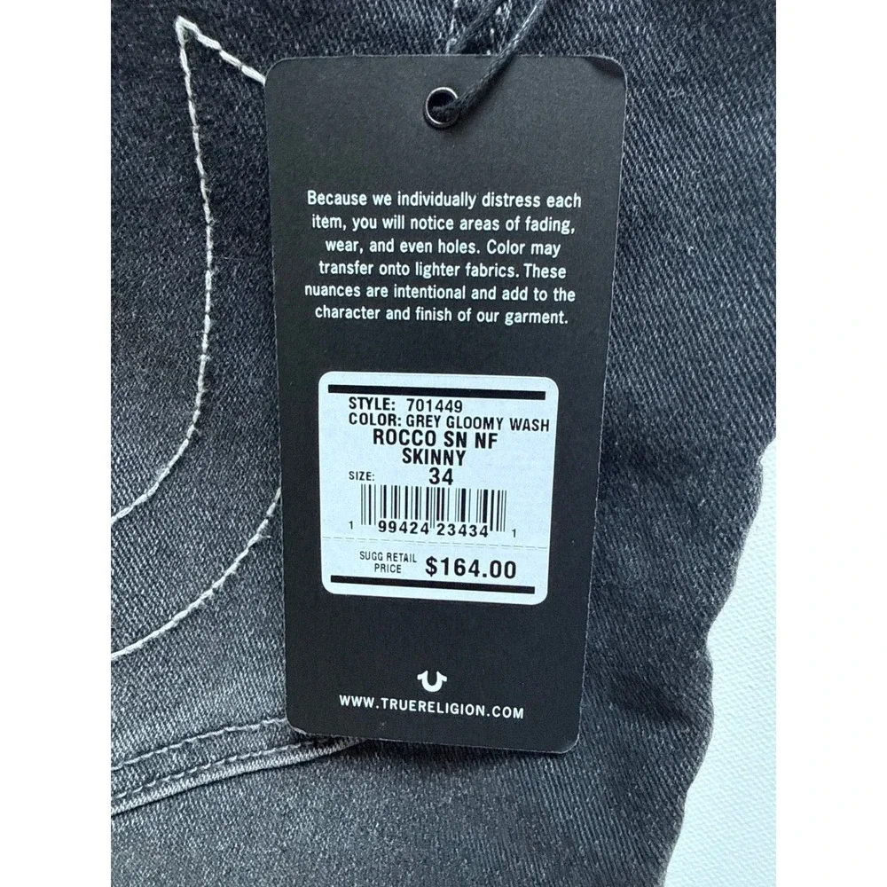 True Religion Rocco Relaxed Skinny Jeans Grey Gloomy Wash 34x32 NWT 701449